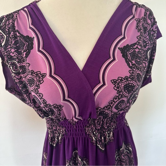 She’s Cool Purple Paisley MIDI Scrunch V-Neck Short Sleeve Dress Women’s Size S - Picture 4 of 6